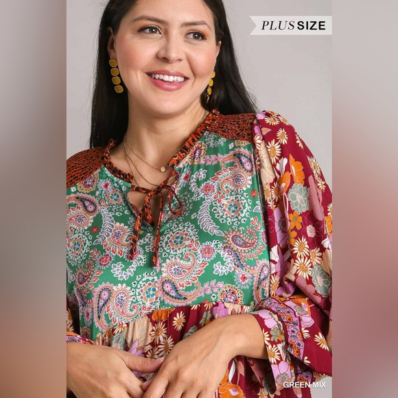 NWT Umgee Boutique Boho Hippy Floral Print Dress S-2X green burgundy mix - Picture 5 of 16